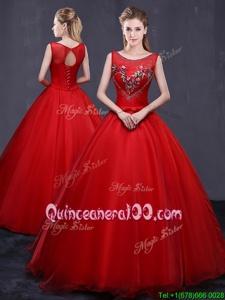 Trendy Scoop Sleeveless Lace Up Floor Length Beading and Embroidery Quinceanera Gown