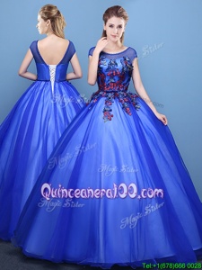 Ideal Scoop Royal Blue Cap Sleeves Appliques Floor Length 15 Quinceanera Dress