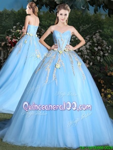 Custom Fit Light Blue Tulle Lace Up Quince Ball Gowns Sleeveless Brush Train Appliques