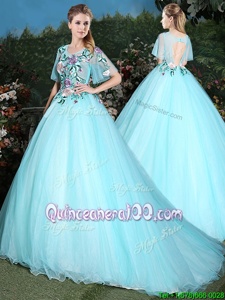 Dynamic Scoop Ball Gowns Half Sleeves Aqua Blue Quinceanera Dress Brush Train Lace Up