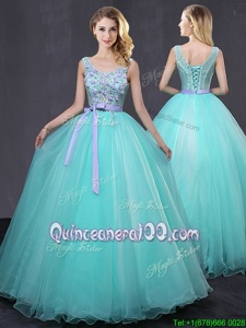 Glorious Scoop Aqua Blue Sleeveless Floor Length Appliques and Belt Lace Up Quinceanera Gown
