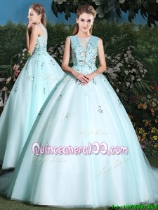 Edgy Light Blue Scoop Neckline Beading and Appliques Quinceanera Gown Sleeveless Lace Up