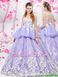 Romantic Scoop Sleeveless 15th Birthday Dress Floor Length Appliques Lavender Organza and Tulle