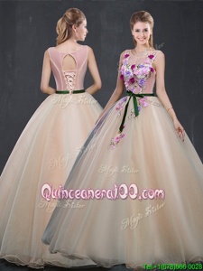 Decent Scoop Champagne Sleeveless Organza Lace Up Quinceanera Dresses forProm and Sweet 16 and Quinceanera
