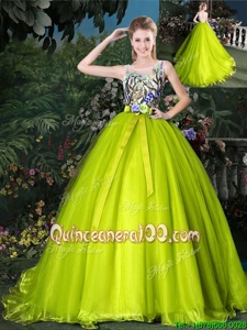 Elegant Scoop A-line Sleeveless Olive Green Quinceanera Dresses Court Train Lace Up