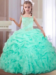 Custom Fit Straps Pick Ups Floor Length Ball Gowns Sleeveless Apple Green Little Girls Pageant Dress Lace Up