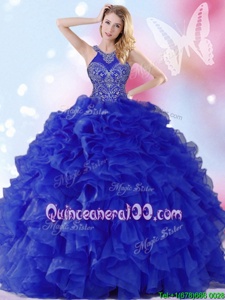 Custom Design Halter Top Sleeveless Lace Up Sweet 16 Dress Royal Blue Organza