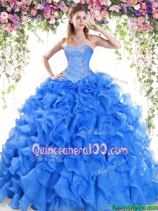 Beautiful Sleeveless Organza Sweep Train Lace Up Quinceanera Gown inBlue forSpring and Summer and Fall and Winter withBeading and Ruffles