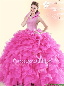 Inexpensive High-neck Sleeveless Backless Ball Gown Prom Dress Hot Pink Organza