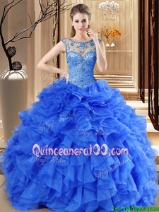 Unique Scoop Royal Blue Lace Up Quinceanera Dresses Beading and Ruffles Sleeveless Floor Length