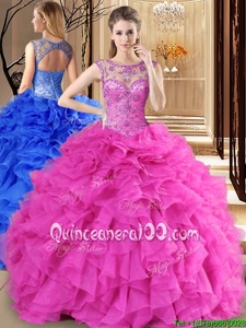 Fantastic Hot Pink Ball Gowns Organza Scoop Sleeveless Beading and Ruffles Floor Length Lace Up Sweet 16 Dress