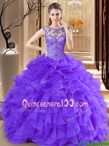 Deluxe Scoop Sleeveless Beading and Ruffles Lace Up Quinceanera Gown
