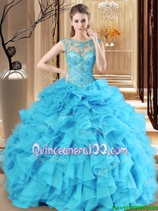Modern Baby Blue Ball Gowns Scoop Sleeveless Organza Floor Length Lace Up Beading and Ruffles Quinceanera Dresses