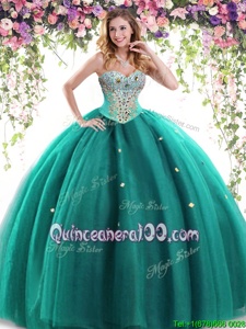 Turquoise Ball Gowns Beading Quince Ball Gowns Lace Up Tulle Sleeveless Floor Length