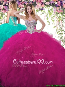 Adorable Fuchsia Sweetheart Lace Up Beading and Ruffles Quince Ball Gowns Sleeveless