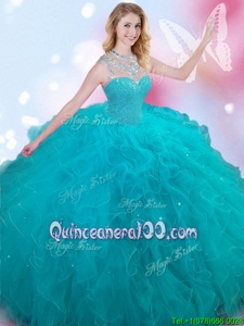 Teal Sleeveless Tulle Lace Up Quinceanera Gowns forMilitary Ball and Sweet 16 and Quinceanera