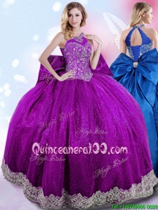 Custom Design Halter Top Sleeveless Taffeta Floor Length Lace Up Quinceanera Gown inEggplant Purple forSpring and Summer and Fall and Winter withBeading and Bowknot