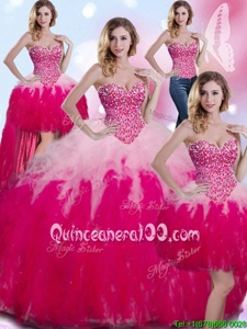 Hot Sale Four Piece Sweetheart Sleeveless Lace Up 15 Quinceanera Dress Multi-color Tulle