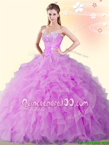 Delicate Lilac Quinceanera Gowns Military Ball and Sweet 16 and Quinceanera and For withBeading and Ruffles Sweetheart Sleeveless Lace Up