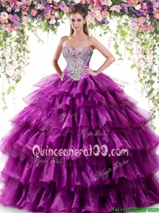 Eye-catching Ruffled Ball Gowns Sweet 16 Dress Purple Sweetheart Organza Sleeveless Floor Length Lace Up