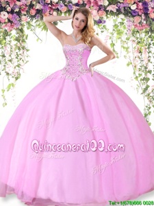Smart Rose Pink Ball Gowns Beading Quince Ball Gowns Lace Up Tulle Sleeveless Floor Length