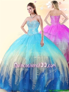 Fabulous Sweetheart Sleeveless 15 Quinceanera Dress Floor Length Beading Multi-color Tulle