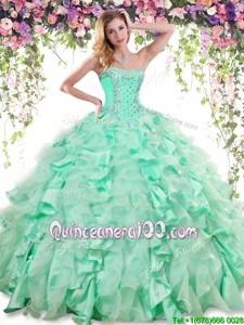 High End Apple Green Lace Up Ball Gown Prom Dress Beading and Ruffles Sleeveless Floor Length