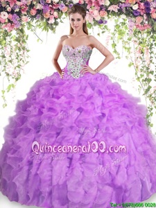 Inexpensive Lilac Sleeveless Organza Lace Up Quinceanera Dress forMilitary Ball and Sweet 16 and Quinceanera