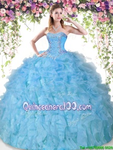 Custom Made Baby Blue Organza Lace Up 15 Quinceanera Dress Sleeveless Floor Length Beading and Ruffles