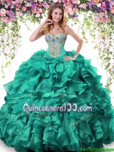 Customized Turquoise Sweetheart Lace Up Beading and Ruffles Ball Gown Prom Dress Sleeveless