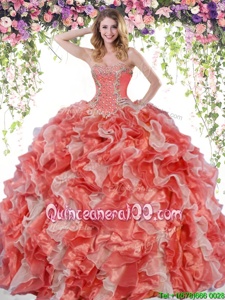 Beauteous Floor Length Lace Up Sweet 16 Quinceanera Dress White And Red and In forMilitary Ball and Sweet 16 and Quinceanera withBeading and Ruffles