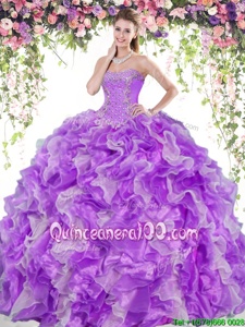 Excellent Floor Length White And Purple Ball Gown Prom Dress Organza Sleeveless Spring and Summer and Fall and Winter Beading and Ruffles