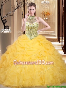Fantastic Halter Top Sleeveless Floor Length Beading and Ruffles and Pick Ups Lace Up Vestidos de Quinceanera with Yellow