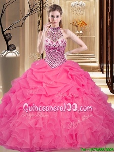 Delicate Halter Top Hot Pink Sleeveless Beading and Ruffles and Pick Ups Floor Length Quince Ball Gowns