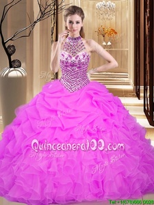 Popular Organza Halter Top Sleeveless Lace Up Beading and Ruffles and Pick Ups 15 Quinceanera Dress inLilac