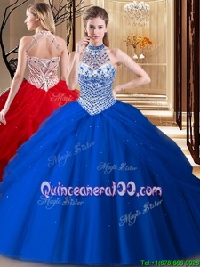 New Style Tulle Halter Top Sleeveless Brush Train Lace Up Beading and Pick Ups Quinceanera Gowns inRoyal Blue