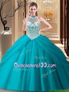 Customized Halter Top Teal Tulle Lace Up Quinceanera Gowns Sleeveless Brush Train Beading and Pick Ups