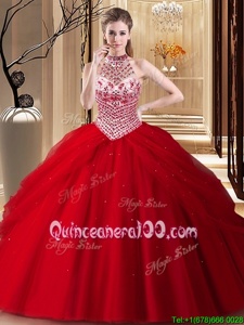 Halter Top Sleeveless Brush Train Beading and Pick Ups Lace Up 15 Quinceanera Dress