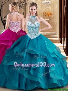Teal Tulle Lace Up Halter Top Sleeveless With Train Vestidos de Quinceanera Brush Train Beading and Ruffles