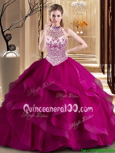 Modern Halter Top Fuchsia Lace Up Quinceanera Gowns Beading and Ruffles Sleeveless With Brush Train