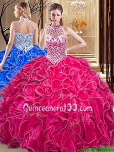 Charming Floor Length Hot Pink Quince Ball Gowns Halter Top Sleeveless Lace Up