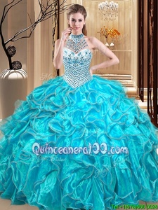 Beautiful Halter Top Aqua Blue Sleeveless Organza Lace Up Quinceanera Dresses forMilitary Ball and Sweet 16 and Quinceanera