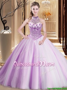 Dramatic Halter Top Asymmetrical Lilac Vestidos de Quinceanera Tulle Brush Train Sleeveless Spring and Summer and Fall and Winter Beading