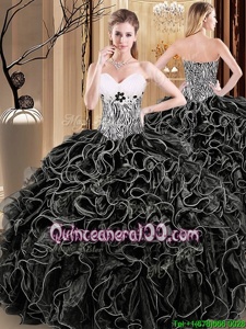 Custom Made Black Organza Lace Up Sweet 16 Quinceanera Dress Sleeveless Floor Length Ruffles and Pattern