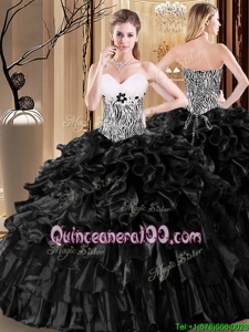 Artistic Black Ball Gowns Organza Sweetheart Sleeveless Ruffles and Pattern Floor Length Lace Up Quinceanera Dresses