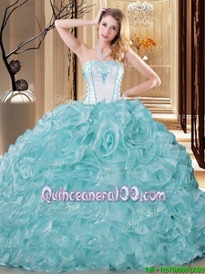 Edgy White and Baby Blue Sleeveless Embroidery and Ruffles Floor Length Quinceanera Gowns