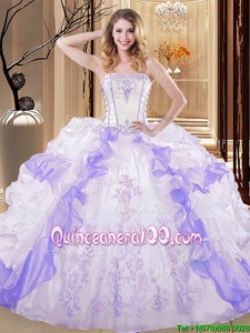 Hot Selling Ruffled Strapless Sleeveless Lace Up Ball Gown Prom Dress White and Purple Organza