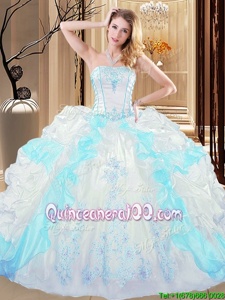 Inexpensive Ruffled White and Blue Sleeveless Organza Lace Up Ball Gown Prom Dress forMilitary Ball and Sweet 16 and Quinceanera