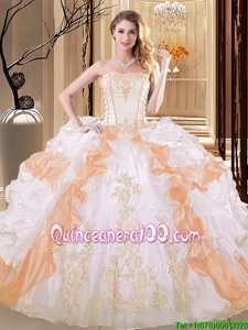 Exquisite White and Yellow Strapless Neckline Embroidery and Ruffled Layers 15th Birthday Dress Sleeveless Lace Up
