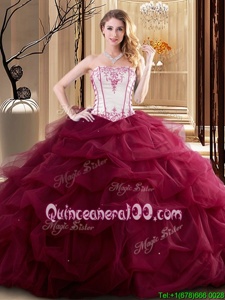 Lovely Sleeveless Floor Length Embroidery and Ruffled Layers Lace Up Quinceanera Dresses with White and Red